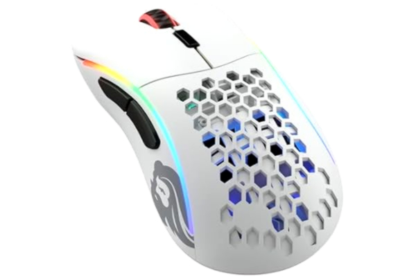 Glorious  Gaming Model D- (Små) Wireless – gamingmus, superlätt, 67 g, honungskakedesign, RGB, ergonomisk, laggfri 2,4 GHz-anslutning, upp till 71 timmars batteritid – Matt vit