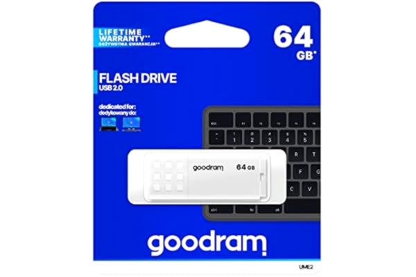 GoodRAM Goodram UME2 USB Stick - USB 2.0 Flash Drive, 64 GB - Läshastighet upp till 20 MB/s - Skrivhastighet upp till 5 MB/s - Skyddande lock - Halkfritt material - Vit