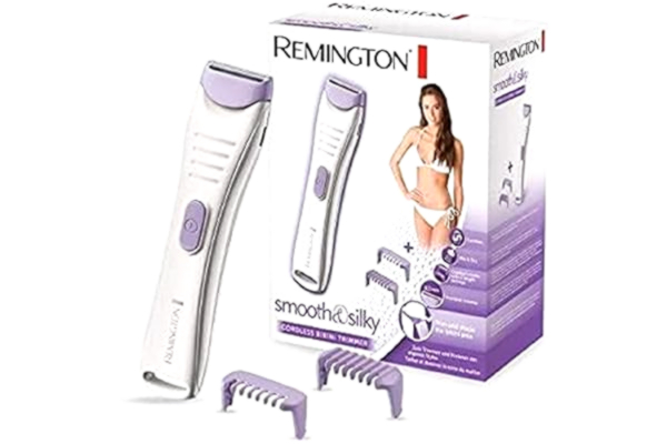 Remington  depilator do bikini, trymer, bezprzewodowy, bez podrażnień, dwa grzebienie 2-4mm, na sucho i mokro, do 60 min. bezprzewodowej pracy, szczoteczka i etui, biało-fioletowy, Smooth&Silky BKT4000
