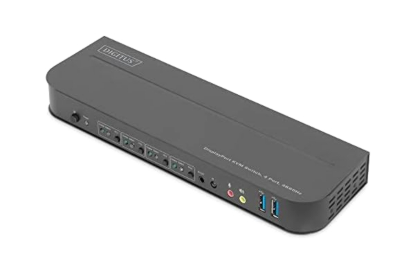 Digitus DIGITUS KVM Switch DisplayPort – 4 portar med enkel bildskärm – 4 PC 1 bildskärm – 1x mus, tangentbord och ljud för 4 datorer – UHD 4K@60Hz (4096 x 2160p) – Hot-Key KVM Switch – 2x USB 3.0 Hub – Svart