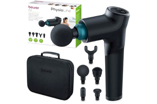 Beurer  MG 185 massagepistol med 5 tillbehör, kraftfull triggerpunktsmassage, lossning av spänningar, muskelmassagerare med 9 intensitetsnivåer, med uppladdningsbart batteri, svart, MG185