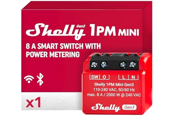 Shelly  1PM Mini Gen3 – Smart hem Wi-Fi-strömbrytare med med Strömmätare, 1 kanal 8 A, Fjärrkontroll via app, Alexa & Google Home-kompatibel, Ingen hubb krävs, 8MB Shelly chip