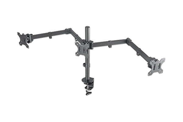 Manhattan  461658 Bordsfäste med monitorarm för tre skärmar lämplig för tre skärmar upp till 27 tum – en central monterad två på monitorarmarna – kan vridas dubbelt