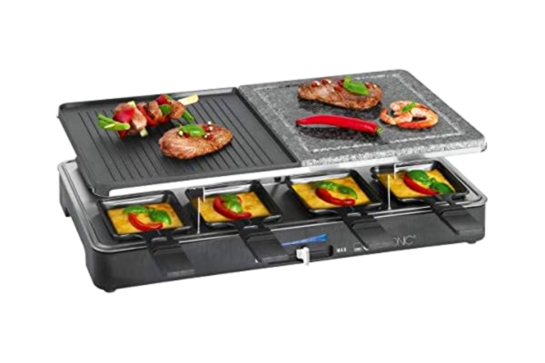 Clatronic  RG 3518 Raclettegrill met hete steen voor het grillen en gratineren, gegoten draaiplaat, elektrische tafelgrill met steenplaat, set incl. 8 pannetjes en 8 houten spatels, anti-aanbaklaag