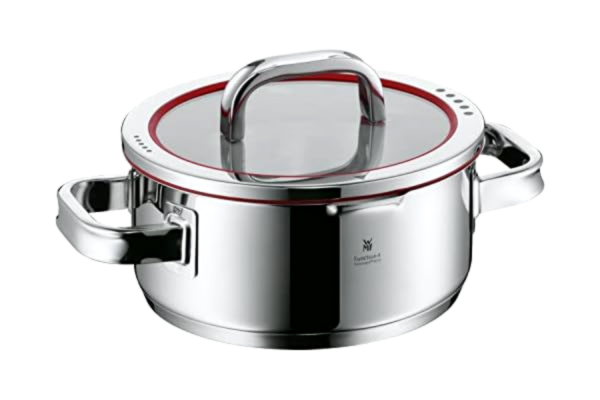 WMF  Cookware Ø 20 cm Approx. 2,5L Function 4 Inside Scaling Lid - Pour Off or Decant Liquids without Spilling to Keep Your Dishes and Cooker Clean. Made in Germany Hollow Side Handles Glass Lid Cromargan® Stainless Steel Brushed Suitabl