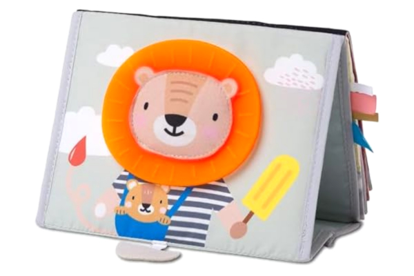 Taf Toys  Savannah Tummy-time nyfödd babybok. Dubbelsidiga sensoriska sidor innehåller babysäker spegel, bilder med hög kontrast, rynkiga texturer och babyteether. Present lämplig för pojke och flickor från födseln