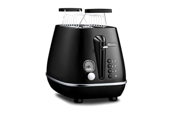 DeLonghi De'Longhi CTIN2103.BK Distinta Moments toster W-2 szczelinowy z nasadką do bułek, stylowe matowe wykończenie z chromowanymi detalami, czarny, stal nierdzewna