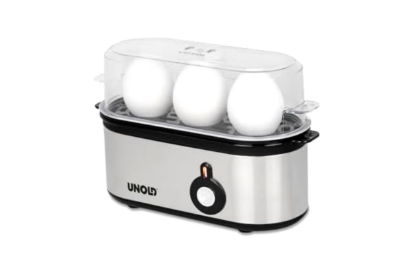 Unold UNOLD 38610 Äggkokare Mini, rostfritt stål, ägginsats med handtag för 1 till 3 ägg, signal, driftkontrollampa och 210 W, inkl. mätkopp