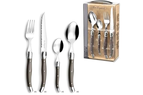 Lou Laguiole LOU LAGUIOLE TRADITION Steakmesser Bestickset 24 delar | Biffstek med tradition och stil | Griffe i Pfeffer | Wellenschliff Messer | Grillbestickset | Scharfe Messer | Bestickset 6 personer