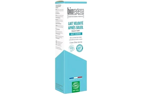 Bioregena  | Ekologisk sammetslen mjölk efter solen | återfuktar, lugnar och förlänger solbränna | Känsla av komfort för huden | flytande textur - vanilj/monoidoft | aloe vera | tillverkad i Frankrike
