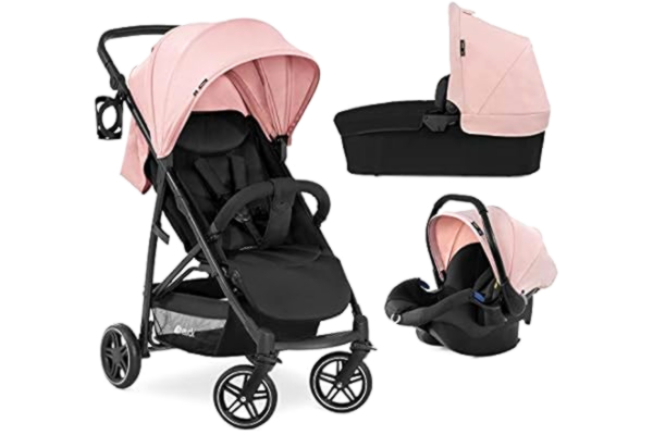 Hauck  Poussette Combinée 3 en 1 Rapid 4R Plus Trio Set / Capote Pare Soleil XL UPF 50+ / Jusqu'à 25 kg / Nacelle / Siège Auto / Position Couchée / Hauteur Réglable / Pliable Compacte / Rose