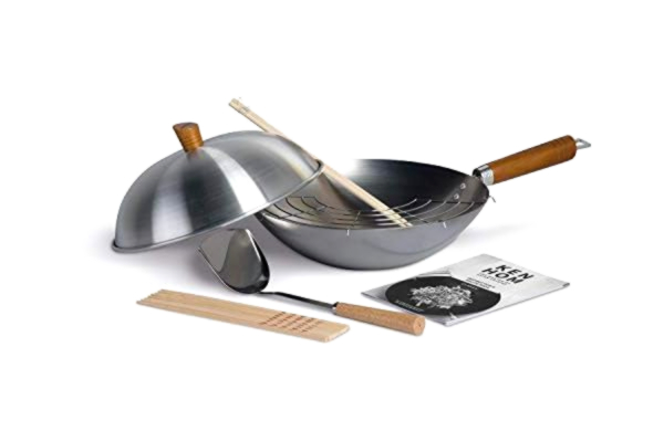Ken Hom  KH331103 Carbon Steel Seasoning Wok Set | 31 cm | Classic | Non-Induction/Natural Patina Non-Stick/Wooden Handle | Includes Wok With Lid, Wok Utensils & Recipe Book | Not Dishwasher Safe