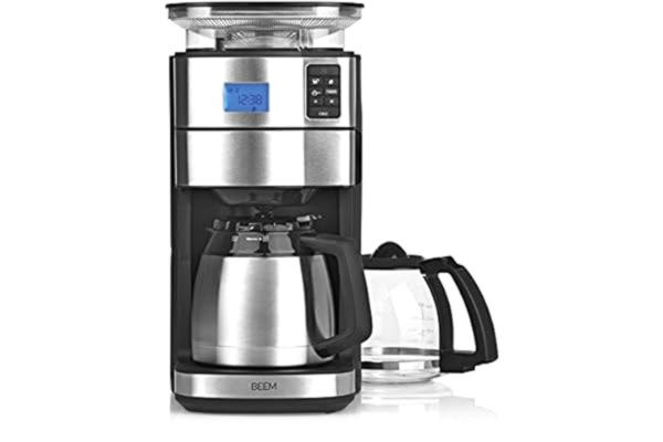 Beem BEEM FRESH-AROMA-PERFECT II ekspres do kawy z młynkiem – Duo | Basic Selection | stal nierdzewna | szklany dzbanek i termos | 24-godzinny timer | 1000 W