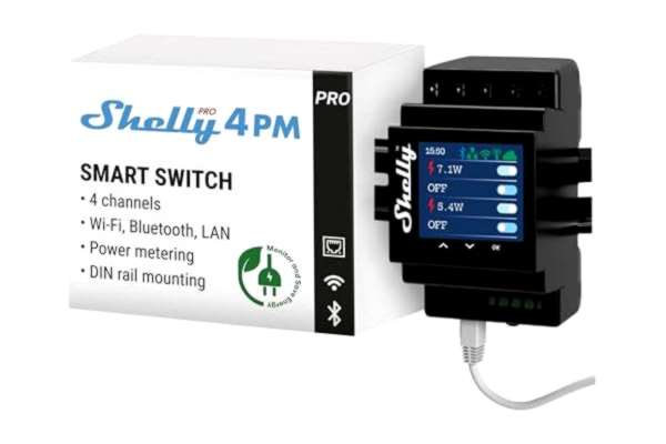 Shelly  Pro 4PM – WiFi- och LAN Trådlös strömbrytare för DIN-skena (4 kanaler, 40 A) med Strömmätare, Fjärrkontroll via app (iOS/Android), Kompatibel med Alexa, Google Home, SmartThings