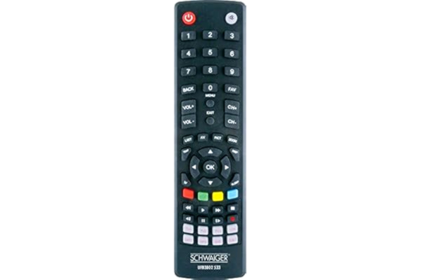 Schwaiger SCHWAIGER -UFB3802 533- Universell fjärrkontroll | batteridriven | 53 knappar | inställning via kodinmatning eller kodsökning | lämplig för nästan alla märken | med knappar för multimediauppspelning