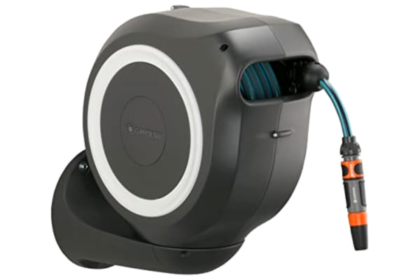 Gardena  väggmonterad slangvinda RollUp M 20 m: Flexibel bevattning för medelstora trädgårdar, svängbar slanghållare, med vägghållare, systemdelar och sprutpistol inkl. 20 m Gardena-slang (18612-20)