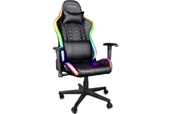 Trust  Gaming Chair with RGB LED-illuminated Edges GXT 716 Rizza - Ergonomic PC Desk Swivel Chair with 350 Colours and Effects, Full Rotatable Seating, 175° Tiltable Backrest - Black