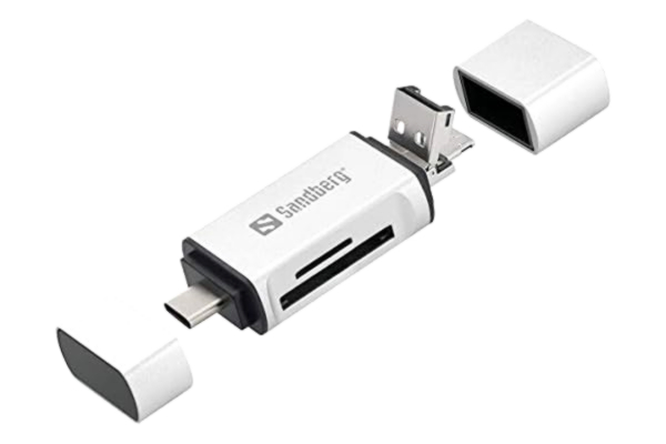 Sandberg  kortläsare USB-C+USB+MicroUSB minneskortläsare silver - minneskortläsare (MicroSD (TransFlash), SD, silver, USB, 1 styck, 80 mm, 16 mm)