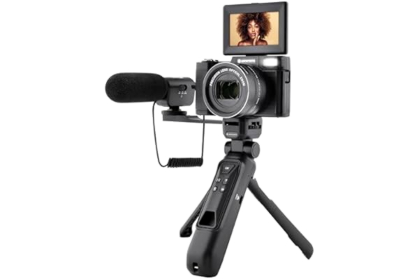 AgfaPhoto AGFA PHOTO - Allt-i-ett Vlogging-kit: VLG-4K optisk kamera, Powerbank-stativ, fjärrkontroll, mikrofon och 32 GB Micro-SD-kort ingår - Immortalisera dina ögonblick i 4K med stil!