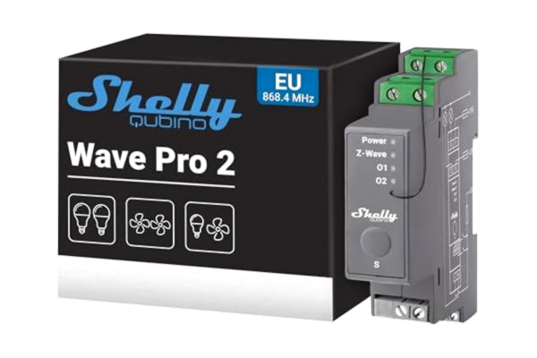 Shelly  Qubino Wave Pro 2 – Z-Wave-strömbrytare för DIN-skena, 2 kanaler 25 A, Torrkontakt, För belysningsstyrning & automation, Z-Wave-gateway krävs