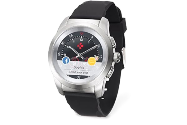 MyKronoz  ZeTime Regular Original - 44mm - Montre connectée hybride avec aiguilles mécaniques et écran couleur tactile - Argent Brossé / Silicone Plat Noir