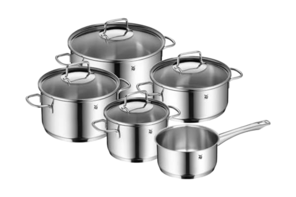 WMF  Astoria Fördelar: kastrullset induktion 5 delar, kastrullset med glaslock, Cromargan polerat rostfritt stål, induktionskrukor set obelagd