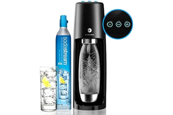 SodaStream  Spirit One Touch Electric Sparkling Water Maker Machine includes a 1 Litre Reusable BPA Free Water Bottle for Carbonating and 60 L CO2 Gas Cylinder - Black