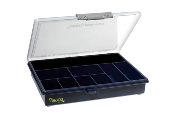 Raaco raaco Assorter 5–9: Sorteringslåda för verkstad, 9 fasta fack för små delar, säker förvaring genom skjutlås, bärbar, 19,5 x 24 x 4,3 cm, lätt och robust.