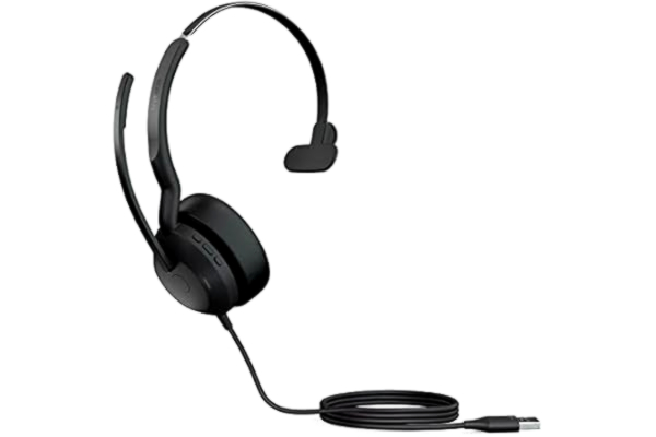 Jabra  Evolve2 50 trådbundet mono-headset med Jabra AirComfort-teknik, brusreducerande mikrofoner och aktiv brusreducering – fungerar med alla ledande UC-plattformar som Zoom och Google Meet – svart