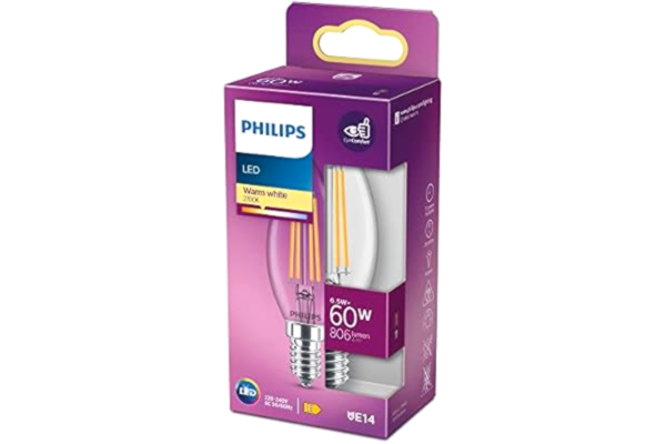 Philips  Classic LED-ljuskälla, 60W, E14, B35, Klart glas, varmvitt ljus, 2700 kelvin, 15 000 timmar, Ejdimbar