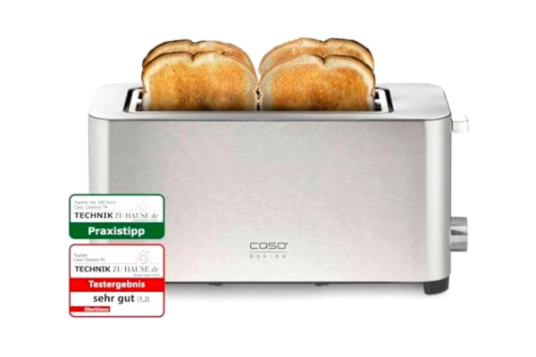 Caso CASO Classico T 4 – designbrödrost, rostfritt stålhölje, optimal rostningsgrad i 5 steg, inklusive brödfäste, med extra uppvärmning, upptiningsfunktion, för 4 skivor rostat bröd