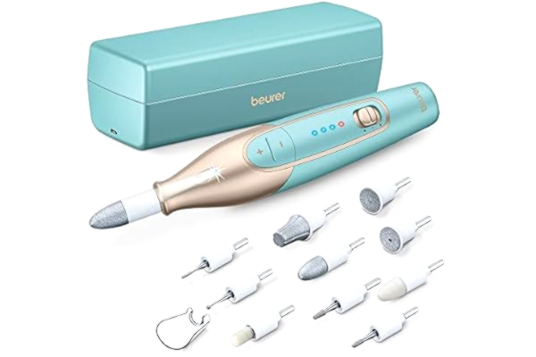 Beurer  MP 84 manikyr-/pedikyrset, elektrisk nagelfil med batteri, 10 tillbehör, LED-ljus, inklusive förvaringsfodral, upp till 4400 varv/min, turkos, nagelset för hand- och fotvård