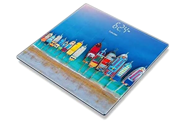 Beurer  GS 215 Boats Pèse-personne en verre motif bateaux, avec écran magique, affichage matriciel, surface de pesée verre de sécurité et capacité de charge jusqu'à 180 kg