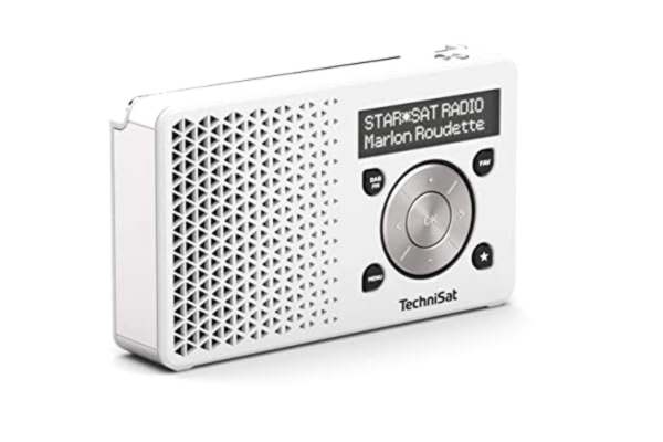 TechniSat  DIGITRADIO 1 - bärbar DAB+ radio med batteri (DAB, FM, högtalare, hörlursanslutning, favoritsparande, OLED-display, liten, 1 Watt RMS) vitt/silver