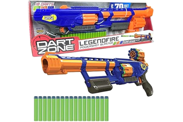 Zone Dart Zone Legendfire Pump-Action Powershot Blaster - Leksakspistoler för åldrarna 8+ - Inkluderar 18 Dart Zone våffelspetspatroner - Kompatibel med Dart Zone skumpilar och de flesta Nerf-pilar