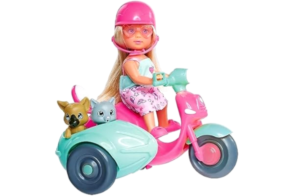 Evi Love Simba 105733566 - Evi LOVE Scooter Vänner - Evi tar Med Sin Katt och Hund, i Sidvagnen på Sin Scooter Moped, inkl. Hjälm och Solglasögon, 12 cm, Från 3 år