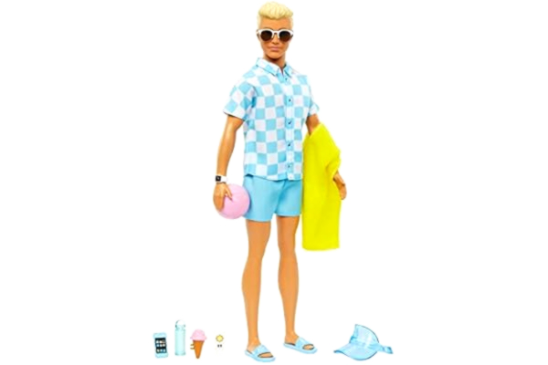 Barbie Blond Ken-docka med blå skjorta och badbyxor, solskärm, handduk och tillbehör med strandtema HPL74