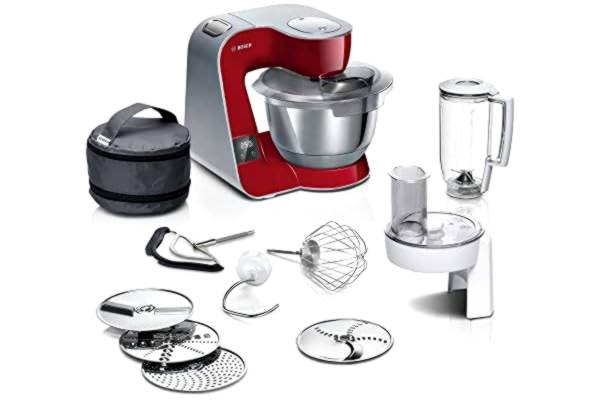 Bosch  Keukenmachine schaal MUM5X720, 1000 W, 3,9 l kom, geïntegreerde weegschaal, professionele patisserieset, doorstroomsnijder, 4 wrijvingsschijven, mixer Tritan, donkerrood/zilver