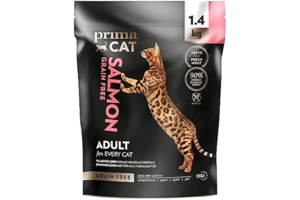 PrimaCat  – spannmålsfri komplett torrfoder med laxsmak för katter, foder för vuxna katter, 1,4 kg