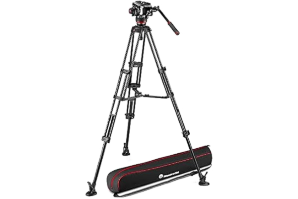 Manfrotto  504X Tête Vidéo Fluide Double Trépied, Kit Trépied Aluminium et Tête Vidéo, Double Pied Ecarteur de Niveau Moyen, pour Reflex Numérique, Caméscopes, Vidéaste, Sac de Transport, Charge 12 kg