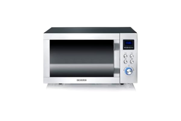 Severin SEVERIN 3-i-1 mikrovågsugn med glasbotten, grill och varmluftsfunktion, mikrovågsugn, mikrovågsugn med stor användbar yta för fyrkantigt porslin, svart/rostfritt stål, MW 7777