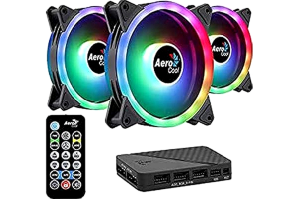 Aerocool  Duo 12 Pro Pack – 3 x ARGB Fans 120mm, 1 x H66F RGB Fan Hub, Remote control, Double RGB LED Ring and 18 LEDs, Includes 6-pin connector, Curved Blades and Anti-Vibration Pads, 12v Fan, Black