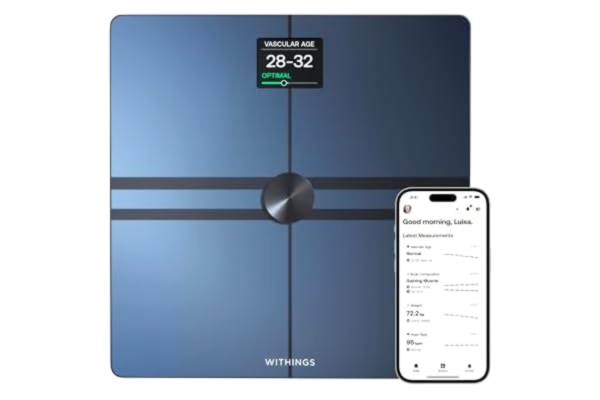 Withings  Body Comp - WiFi-ansluten våg med helkroppsanalys (vikt, kroppsfett/muskelfett/vatten) och kardiovaskulär spårning, personvåg, upp till 8 användare, vit