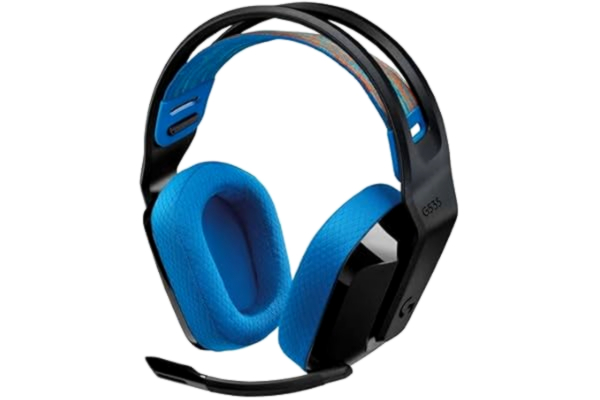 Logitech  G G535 trådlöst LIGHTSPEED-spelheadset – lätta on-ear-hörlurar, mikrofon som vänds upp för ljud av, 33 timmars batteritid, kompatibelt med PS5, PS4, PC, USB-C-laddningsbart – svart/blå