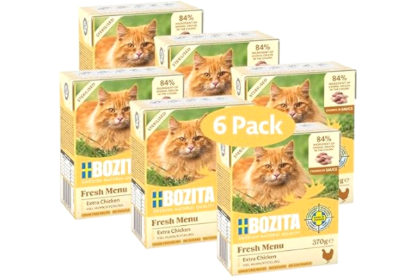 Bozita  Steriliserat våtfoder i sås med massor av kyckling - 6-pack 370 g läckra kattmat utan spannmål och socker - kattunge foder med 8,5% protein och 4,5% fetthalt, utan genteknik