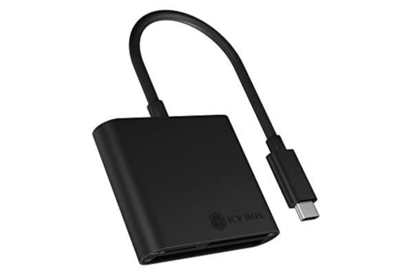Sandberg ICY BOX 60649 BOX SD-kortläsare med USB-C, USB 3-kortläsare för SD, micro SD eller CF, integrerad kabel, aluminium, svart