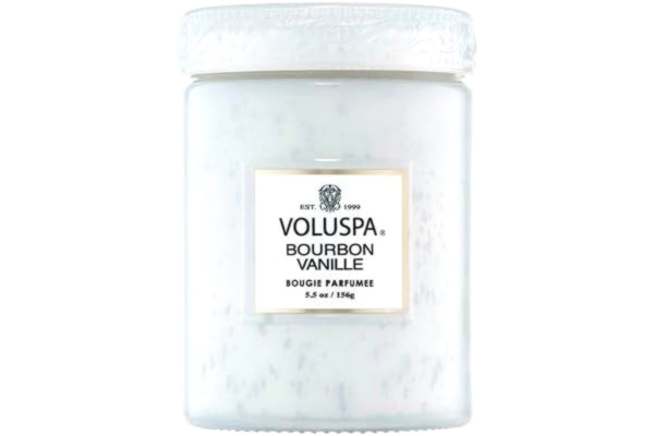 Voluspa  Bourbon Vaniljljus | Liten glasburk | 155 g | 50 timmars bränntid | Handhällt kokosvax + alla naturliga vekar för en ren bränning | vegan | hälld i USA