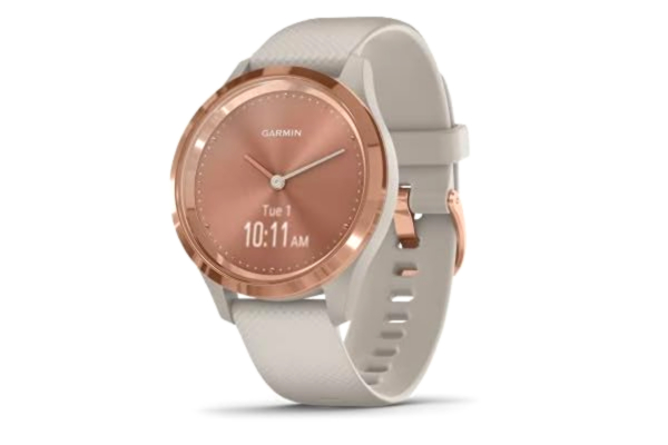 Garmin  vivomove 3S, Smaller sized, Hybrid Connected GPS Smartwatch with Real Watch Hands and Hidden Touchscreen Display, Rose Gold with Light Sand Silicone Band