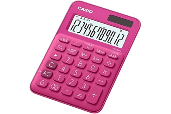 Casio CASIO Bordsräknare MS-20UC-RD, 12-siffrig i trendiga färger, kontrollberäkning, tidsomvandling, sol-/batteridrift, 2,3 x 10,5 x 14,95 cm