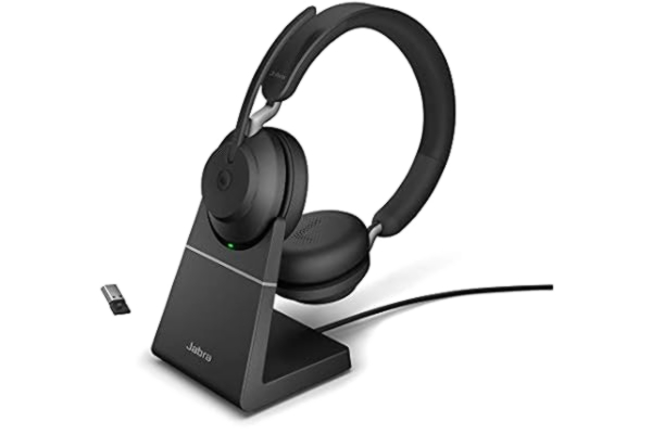 Jabra  Evolve2 65 trådlöst headset med laddningsstation - Bullerdämpande Microsoft Teams-certifierade stereohörlurar med lång batteritid - USB-A Bluetooth-adapter - svart
